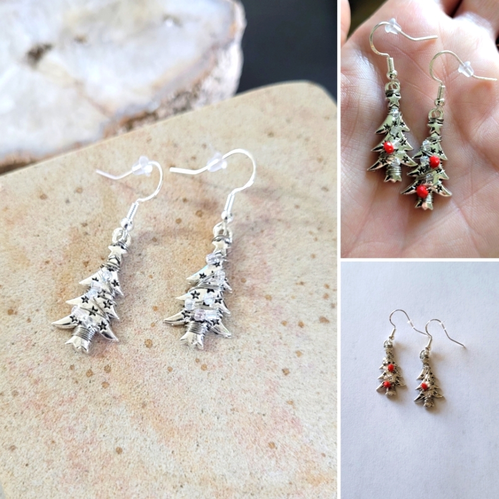 Festive Christmas Tree Earrings - wire wrap beaded holiday winter earrings